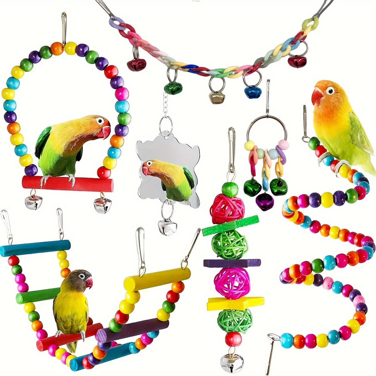 H&K 7-Piece Bird Toy Set – Ladder, Swing, Mirror, Bell & Chew Toys