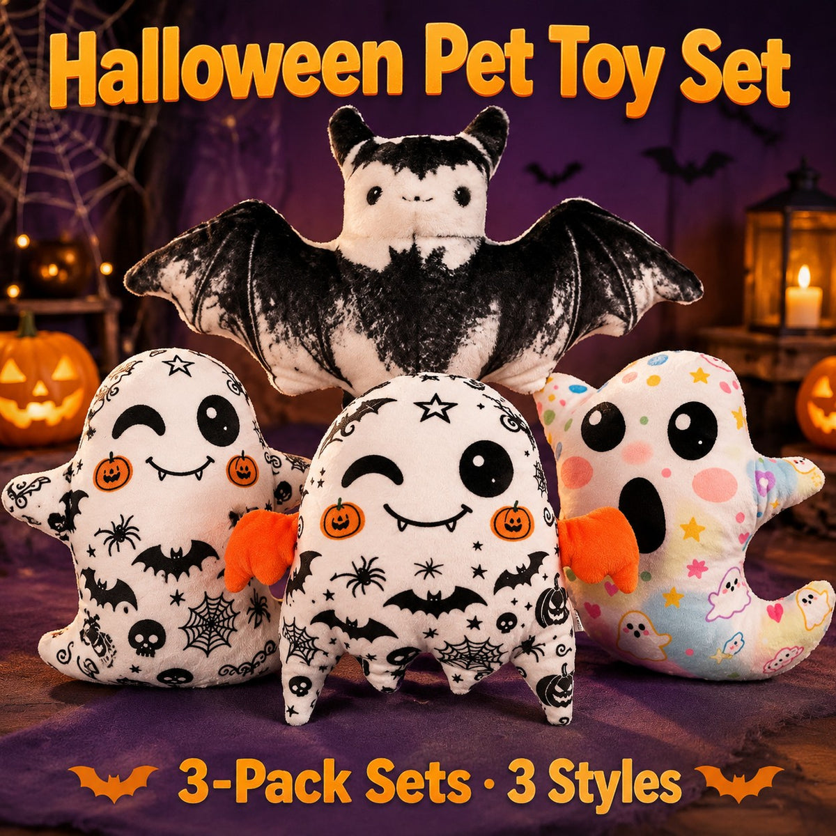 H&K Halloween 3-Piece Squeaky Plush Dog Toy Set – Bat, Ghost & Pumpkin