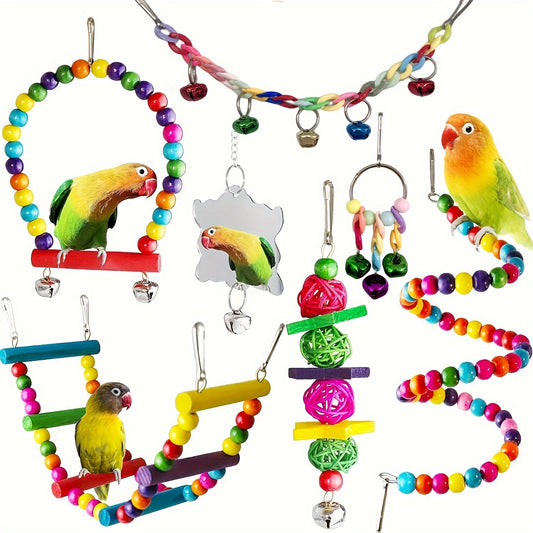 H&K 7-Piece Bird Toy Set – Ladder, Swing, Mirror, Bell & Chew Toys