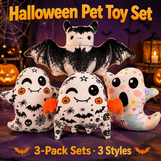 H&K Halloween 3-Piece Squeaky Plush Dog Toy Set – Bat, Ghost & Pumpkin