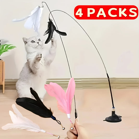 H&K 4pc Cat Feather Teaser Set – Suction-Cup Wand with Feather Heads