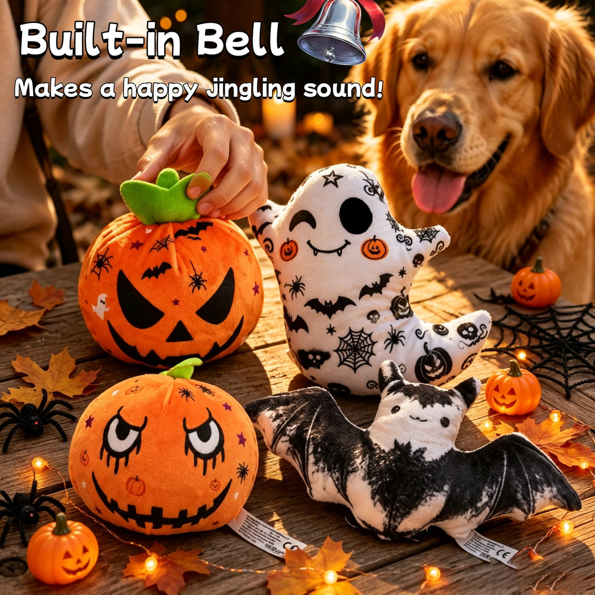 H&K Halloween 3-Piece Plush Dog Toy Set – Pumpkin & Bat Print