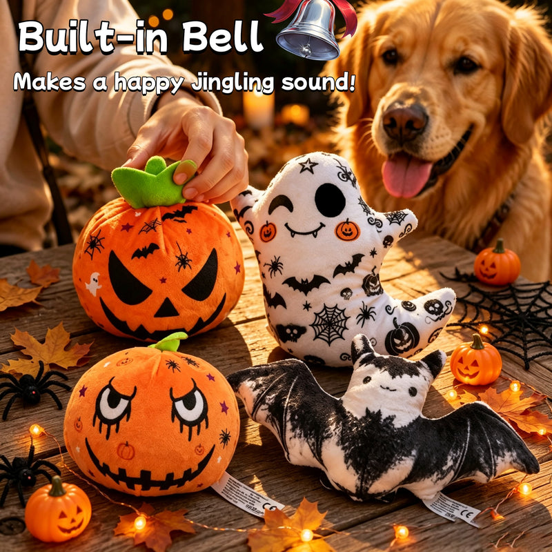 H&K Halloween 3-Piece Plush Dog Toy Set – Pumpkin & Bat Print