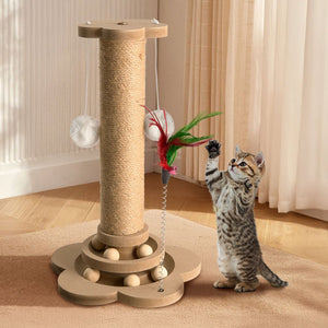 H&K Cat Scratching Post with Interactive Track Ball – Solid Wooden Base