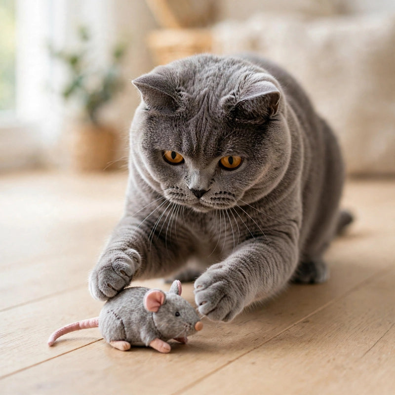 Cat playing with plush mouse