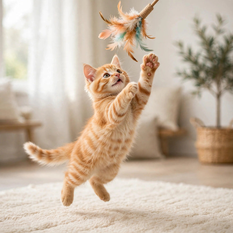 Kitten playing with feather toy